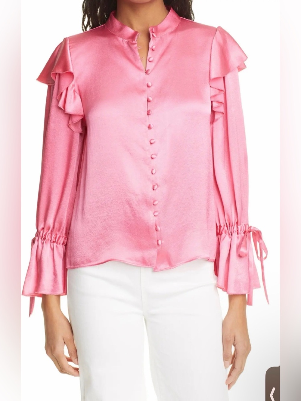 Alice + Olivia Brayden Ruffle Detail Satin Blouse Pink M Ruffle Sleeve Tie Cuff
